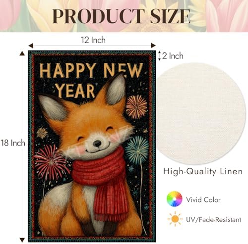 Happy New Year Garden Flag 12x18 Double Sided Vertical Linen Small Fireworks Fox House Flag Welcome Holiday Winter House Outdoor Outside Decorations (27166)