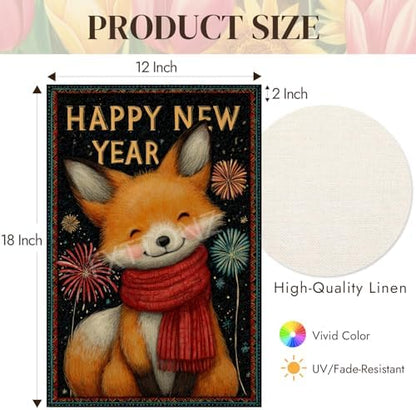 Happy New Year Garden Flag 12x18 Double Sided Vertical Linen Small Fireworks Fox House Flag Welcome Holiday Winter House Outdoor Outside Decorations (27166)