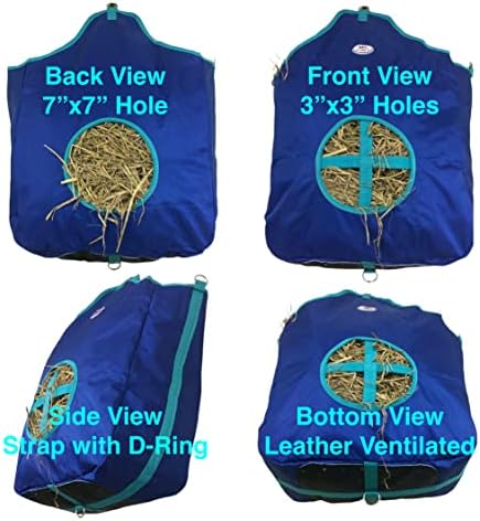 Majestic Ally Nylon Hay Feeder Tote Bag for Horse, Goat, Sheep - Double Sides Open Feed Hole with Faux Leather Ventilated Bottom- Premium Quality -Simulates Grazing - Reduces Waste (Royal Blue)
