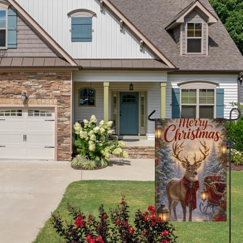 Christmas Reindeer House Flag 28x40 Inch Merry Holiday Deer Lighted Antlers Sleigh Gifts Lantern Snowy Forest Rustic Outdoor Yard Lawn Porch Double Sided Banner Welcome Decor