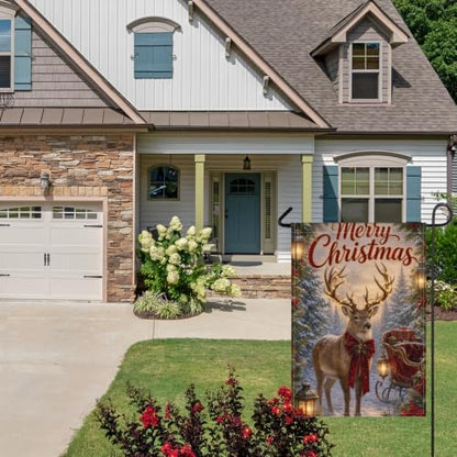 Christmas Reindeer House Flag 28x40 Inch Merry Holiday Deer Lighted Antlers Sleigh Gifts Lantern Snowy Forest Rustic Outdoor Yard Lawn Porch Double Sided Banner Welcome Decor