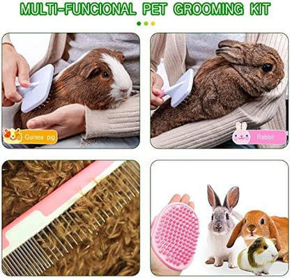 Small Animal Pet Grooming Kit with Pet Shedding Slicker Brush, Bath Massage Glove, Pet Grooming Comb, Nail Clipper Trimmer for Rabbit, Puppy, Kitten, Guinea Pig, Hamster, Ferret (Pink)
