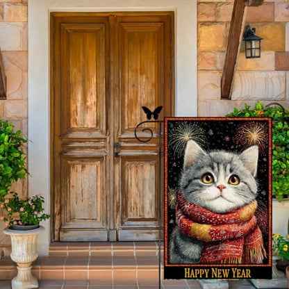 Happy New Year Garden Flag 12x18 Double Sided Vertical Linen Small Fireworks American shorthair Cat House Flag Welcome Holiday Winter House Outdoor Outside Decorations (27172)