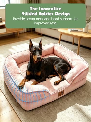 Spotted Play Orthopedic Dog Bed with Sides - Sofa Beds for Extra Large Dogs, Supportive Foam Pet Couch Bed with Washable Removable Cover, Waterproof Lining and Non-Slip Bottom, Pink - XL-Plus