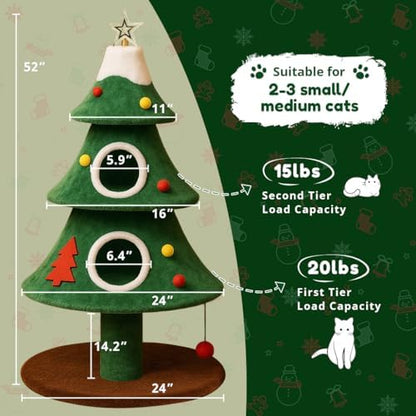 COMHOMA Christmas Cat Tree with 2 Cozy Houses,52" Holiday Cat Tower with Anti-Tip Safety,Festive Indoor Cat Climbing Furniture with Dangling Balls,Cat House and Climbing Tower for Kittens
