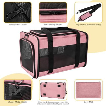 Hipubby Cat Carrier Dog Carrier for Pets Up to 16 Lbs, Soft-Sided Pet Travel Carrier for Cats and Small Dogs, Airline Approved Pet Carrying Case with Shoulder Strap & Removable Mat - Pink