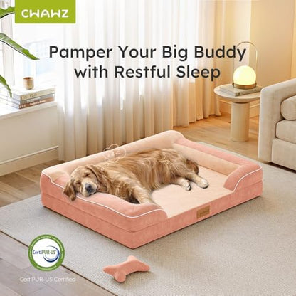 CWAWZ Dog Beds for Large Dogs, Orthopedic Dog Bed with Cooling Gel Memory Foam, Waterproof Large Pet Bed with Removable Washable Cover, 36" Pet Sofa Couch Dutch Velvet with Bone Toy, Peach Pink