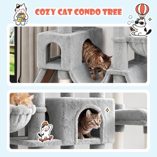 SHA CERLIN 83 in Cat Tree Tower for Indoor Adult Felines 20lbs+/Multi-Level Heavy Duty Cat Tower for Big Maine Coon/Giant Perches/Wide Baseboard/Sisal Scratching Posts/Cozy Condos/Light Grey