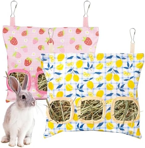 Lesnala 2 Pcs Canvas Hanging Bunny Hay Feeder Bags 3 Holes 2 Styles