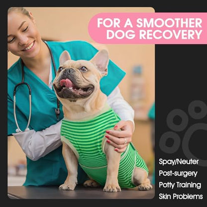 FUAMEY Dog Recovery Suit Male,Dogs Surgery Neuter Suits Puppy Spay Shirts for Female Protect Dog's Skin Anti Licking Abdominal Wounds Doggie Onesie Pet Bodysuit Alternative to Cone Green Stripes S