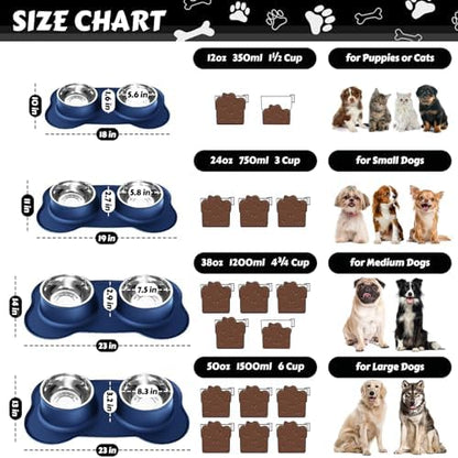 AsFrost Dog Food Bowls Stainless Steel Dog Food & Water Bowl Set with No Spill No Slip Silicone Mat, Dog Dishes for Small Medium Size Dogs Pet Cat Puppy Food Feeding Bowls, Blue, 24oz, 3 Cup