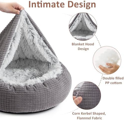 MIXJOY Small Dog Bed Cat Bed with Blanket Attached, Round Hooded Cozy Dog Cave Beds for Small Dogs, Soft Plush Cuddler Puppy Pet Bed, Anti-Slip Bottom, 23inch