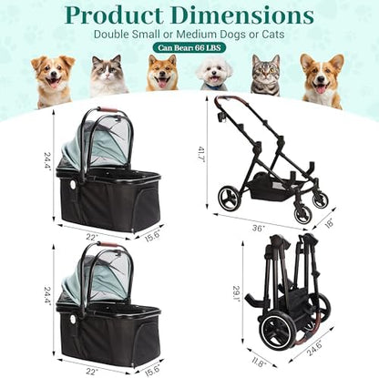 Foldable Double Pet Stroller for 2 Small Medium Cats Dogs