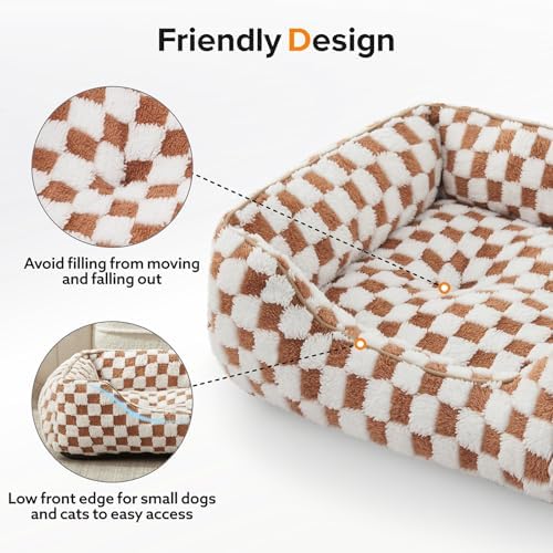 JOEJOY Dog Bed for Medium Small Dogs - Rectangle Orthopedic Dog Sofa Bed, Cute Modern Puppy Bed with Jacquard Shaggy Plush & Anti Slip Bottom, 25x21x8inches, Brown