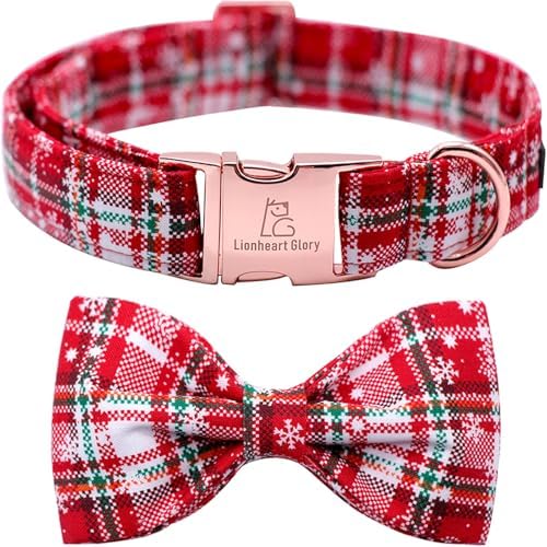 Lionheart glory Christmas Plaid Dog Collar Adjustable Soft Dog Collar with Bowtie, Pet Gift Dog Collars Bow for Small Medium Large Dogs