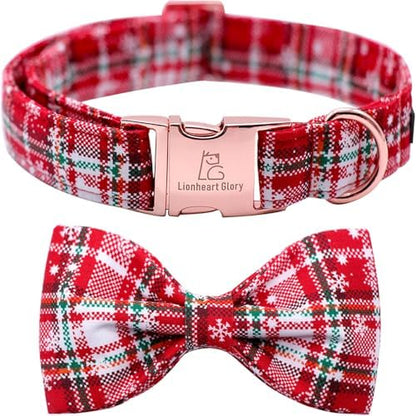 Lionheart glory Christmas Plaid Dog Collar Adjustable Soft Dog Collar with Bowtie, Pet Gift Dog Collars Bow for Small Medium Large Dogs