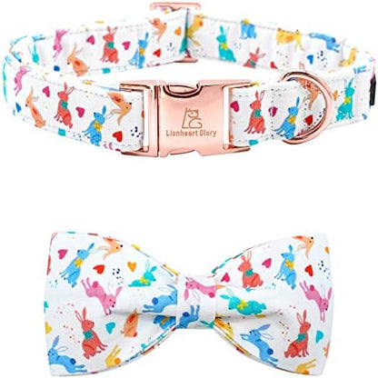Lionheart glory Easter Dog Collar with Bow Tie Rabbit Print Dog Collar Girl or Boy Soft Durable Adjustable Puppy Gift Collar Bows Spring Collar Dog Bow