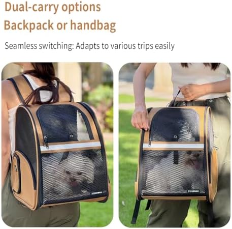 Cat Backpack Carrier for Small Dogs and Medium cat Puppy Kitten Bunny Pet Carrier Backpack Collapsible with Fully Ventilated Mesh with Safety Leash (Brown, 12.9" L x 10.62" W x 15.5" H - M)