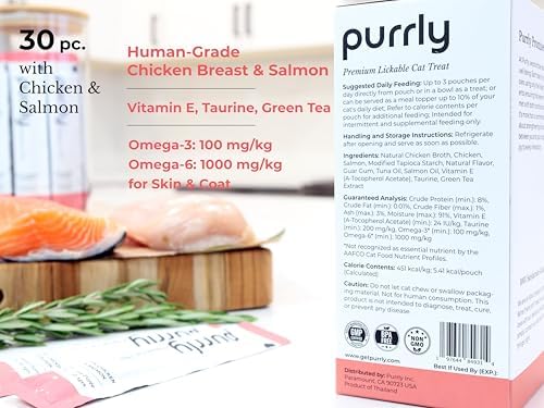 Purrly Hydrating Wet Cat Treat Snack Topper Creamy Purée Human-Grade Chicken Breast & Salmon with Omega-3 & 6 for Skin & Coat (30 Count) Healthy Lickable Squeeze Soft Training Snack Low-Phosphorus