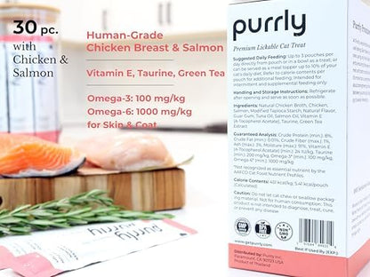 Purrly Hydrating Wet Cat Treat Snack Topper Creamy Purée Human-Grade Chicken Breast & Salmon with Omega-3 & 6 for Skin & Coat (30 Count) Healthy Lickable Squeeze Soft Training Snack Low-Phosphorus