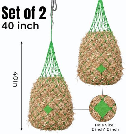 Slow Feed Hay Nets for Horses, 2 Pack, 40 Inch, 2 Inch Holes,Green