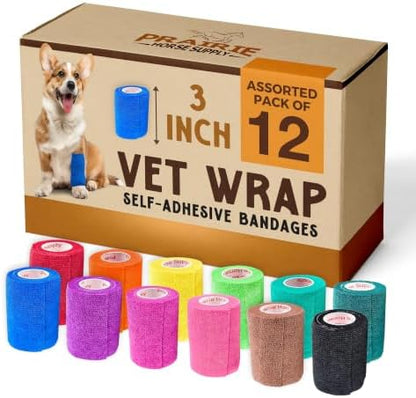 3 Inch Vet Wrap Tape Bulk (Assorted Colors) (Pack of 12) Self Adhesive Adherent Adhering Flex Bandage Grip Roll for Dog Cat Pet Horse