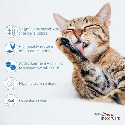 INABA Churu for Cats, Functional, Creamy Lickable Purée Cat Treat for Indoor Care and Hairball Control with Taurine & Vitamin E, 0.5 Ounces Each, 48 Tubes (4 per Pack), Tuna Recipe