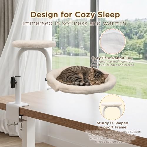 Cat Desk Bed, 360° Rotating & Adjustable Cat Bed for Desk, 60 lbs, White