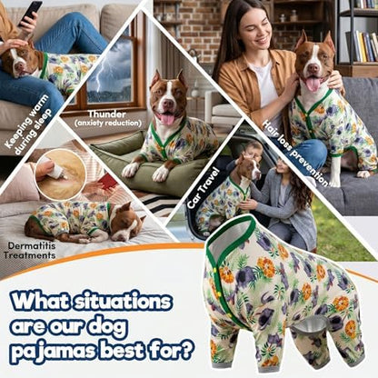 LovinPet Large Dog Pajamas Bodysuit, Dog Shirt, Big Hippo Green Print, M