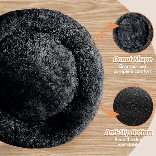 JOLLYVOGUE Calming Small Dog & Cat Bed for Indoor Cats - 20 inches Washable Donut Bed for Kittens & Puppies, Anti-Anxiety Round Fluffy Plush Pet Beds (Fits up to 15 lbs, Black)