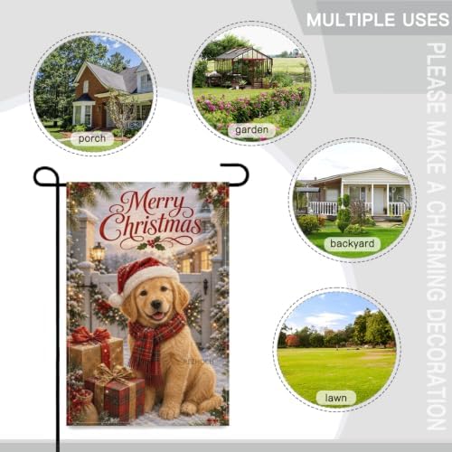 Merry Christmas Garden Flag 12x18 Inch Golden Retriever Santa Hat Plaid Scarf Gift Boxes Snowy Farmhouse Outdoor Yard Lawn Front Porch Welcome Double Sided Banner Decor
