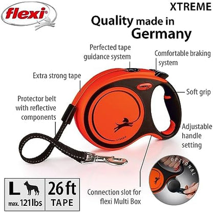 FLEXI® Xtreme Tape Retractable Dog Leash, Large, 26 ft - Orange/Black