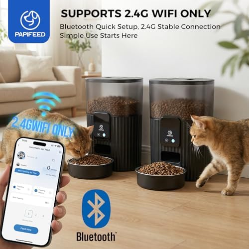 PAPIFEED Automatic Cat Feeder with App, 2.4G WiFi Cat Food Dispenser, 3L Slow Feeder Timed Cat Feeders for Dry Food, 10 Meals/Day, 6 Portions/Meal, Dual Power Supply Smart Pet Feeder for Small Dog
