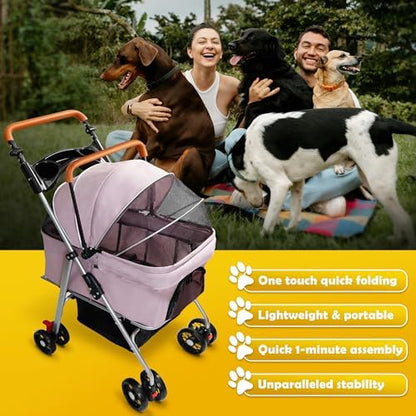 Pet Stroller with Storage Basket and Cup Holder, Folding Dog Jogger, Foldable Cat Stroller, 3 in 1 Puppy Kitten Cart, Pet Jogger for Medium Dog Cat (Pink)