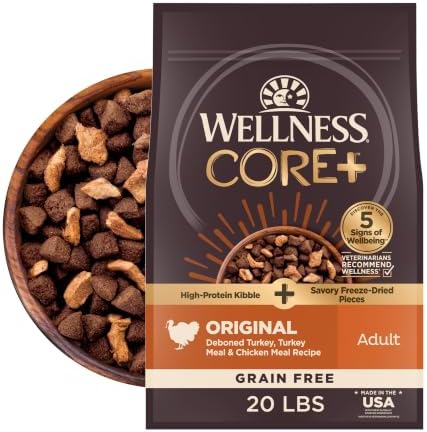 Wellness CORE+ Adult Dry Dog Food with Freeze Dried Pieces, Grain Free Kibble+, Natural, High Protein, Turkey and Chicken Recipe, 20 lb Bag