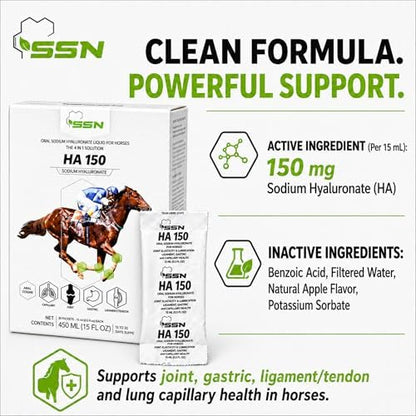 SSN HA 150 - 4 In 1 Horse Supplement - 30 Servings - Equine Joint, Gastric, Ligament/Tendon, Lung Capillary Health - Glucosamine Alternative - (30 Pack, 150mg Sodium Hyaluronate per Serving)