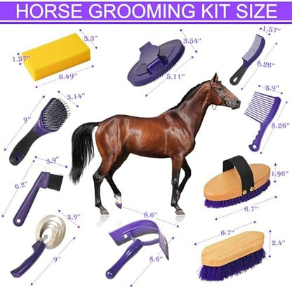 Horse Grooming Kit - 11 Piece Bathing Supplies with Organize Bag, Full Body Kit Including Sweat Scraper, Bath Sponge, Hoof Pick, Massage Comb (Purple)
