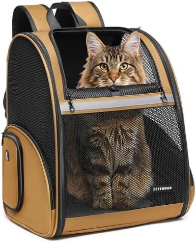 Pet Backpack Carrier, Large Cat Carrier Backpack Up to 20 Lbs with Breathable Mesh, for Medium Large Cats or Small Dogs, Travel Hiking Camping Backpack (Brown-XL)