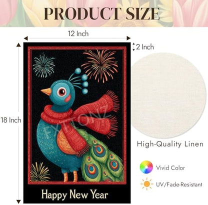 Happy New Year Garden Flag 12x18 Double Sided Vertical Linen Small Fireworks Peacock House Flag Welcome Holiday Winter House Outdoor Outside Decorations (27185)
