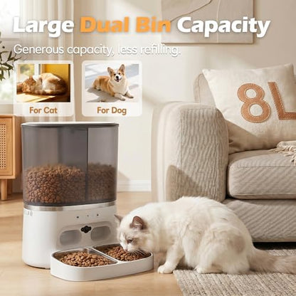 Automatic Cat Feeder with Camera, Automatic Dog Feeder Dry Food, 8L Dual Hopper Auto Cat Food Dispenser, 1080P HD Video with Night Vision/2-Way Audio/APP, 5G WiFi Pet Feeder with Low Food Tray-White