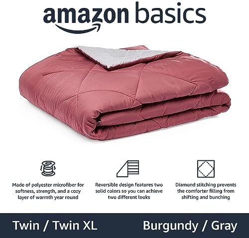 Amazon Basics Reversible Lightweight Microfiber All Season Comforter Blanket, Twin/Twin XL, Burgundy/Grey (Pack of 2)