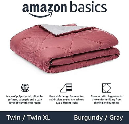 Amazon Basics Reversible Lightweight Microfiber All Season Comforter Blanket, Twin/Twin XL, Burgundy/Grey (Pack of 2)