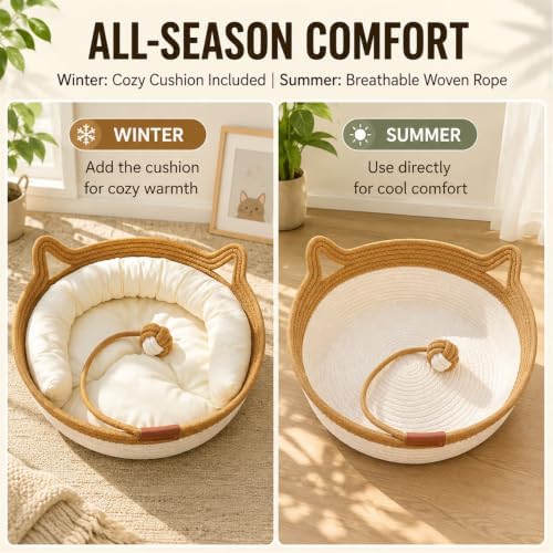 Instinct Cat Basket Bed, Handwoven Cotton Rope Cat Bed with Toy Ball and Cat Ear Handles, Breathable Scratch-Friendly Round Woven Basket for Indoor Cats and Kittens Brown