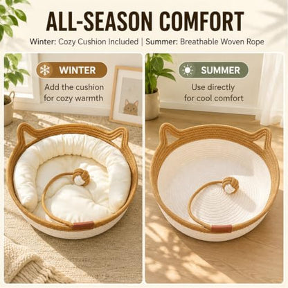 Instinct Cat Basket Bed, Handwoven Cotton Rope Cat Bed with Toy Ball and Cat Ear Handles, Breathable Scratch-Friendly Round Woven Basket for Indoor Cats and Kittens Brown