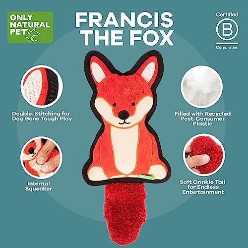 Only Natural Pet Mountain Friends Recycled Plush Dog Toys - Durable Double-Stitched Design with Internal Squeaker, Large Plush Ears & Soft Crinkle Tail - Squeaky Pet Toy | Francis the Fox, 5.5" x 12"