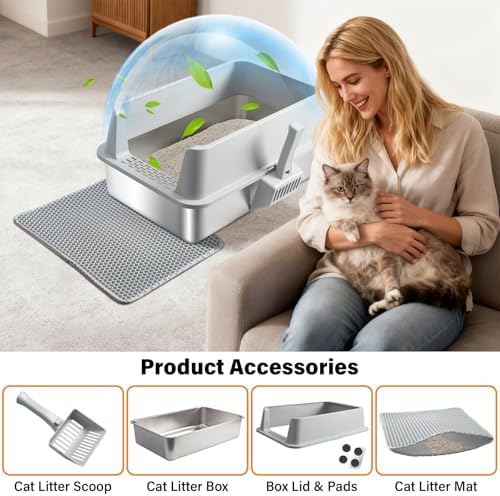 2 Pack Stainless Steel Litter Box,XL Metal Cat Litter Box with Lid
