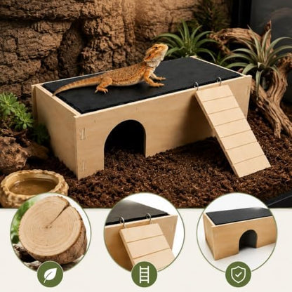 2-in-1 Reptile Basking Platform with Slate Rock Surface and Removable Climbing Ladder, Bearded Dragon Hideout Cave and Sunbathing Ledge for Leopard Geckos, Lizards, Small Snakes, Tortoises