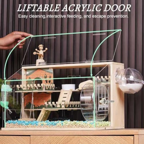 11 in 1 Wooden Hamster Cage with All Accessories, 19.3" 3-Layer Dwarf Hamster Cage Acrylic,Small Animal Cages, Pastoral Style Mouse Cage for Mice, Hedgehog and Small Pets, with Stairs, Fences, Swing