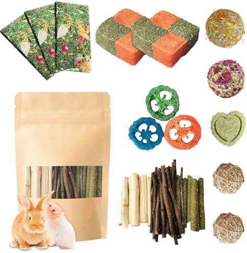 Chew Treat Rabbit Toys for Teeth Health, Natural Bunny Enrichment Toys for Boredom & Stress Relief, Keep Busy Toys for Guinea Pig Chinchilla Hamster Rat Gerbil Degu (50-60PCS)