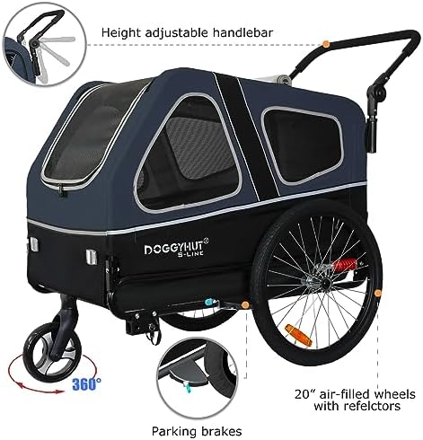 DOGGYHUT® S-Line XL Pet Bike Trailer & Stroller for Large Dogs Up to 100 lbs, Folding Dog Cart with Shock-Absorbing Suspension Wheels, Low Center of Gravity, Parking Brakes